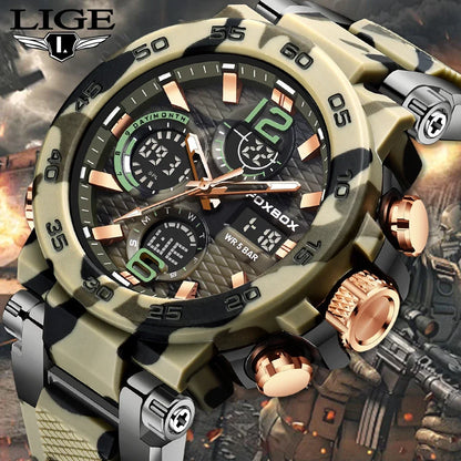 Reloj militar digital LIGE para hombre, resistente al agua hasta 50 m, LED, de cuarzo, deportivo, grande, Masculino