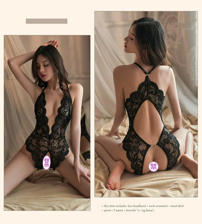 Nuevos conjuntos exóticos sexys de lencería para mujer, 3 piezas de sujetador y braguita, ligas, conjuntos de lencería transparente, disfraces exóticos de encaje, babydolls