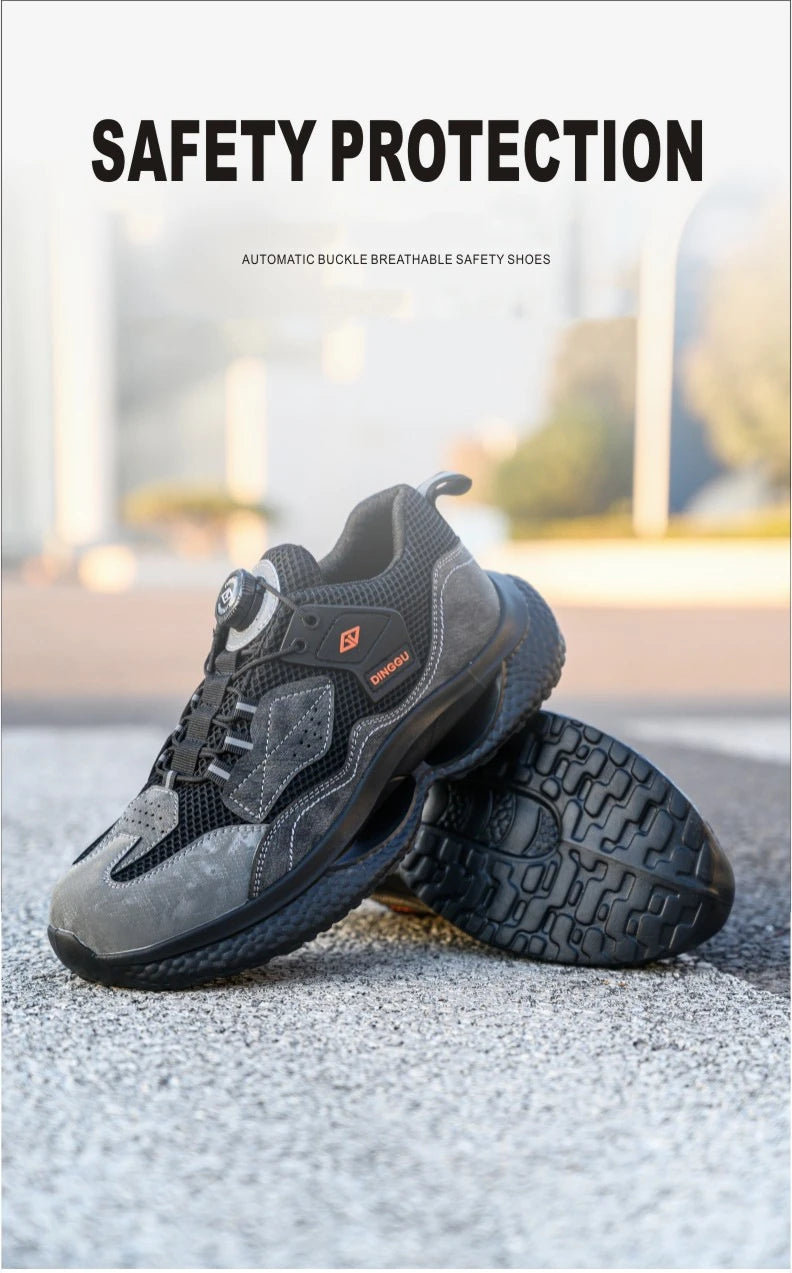 Zapatos de seguridad de trabajo con botón giratorio para hombres y mujeres, zapatos con puntera de acero, botas de seguridad indestructibles, zapatillas de trabajo protectoras ligeras.
