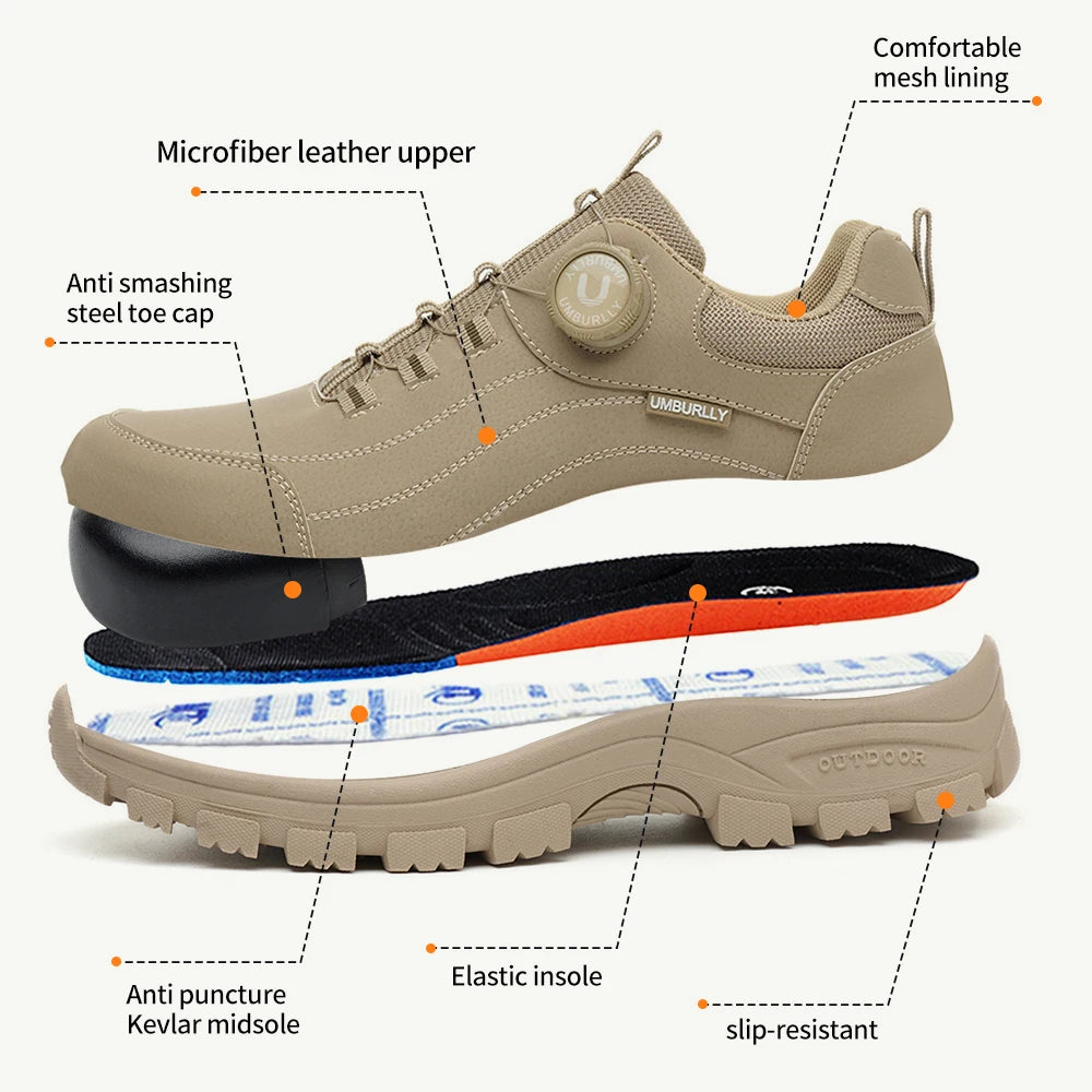 Calzado de seguridad para hombre con diseño de botones, puntera de acero, resistente a la compresión y suela antideslizante para trabajo en exteriores y talleres.