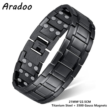 Pulseras clásicas de acero y titanio ARADOO con 3 imanes de neodimio ultrarresistentes, pulsera de eslabones de cobre para terapia magnética.