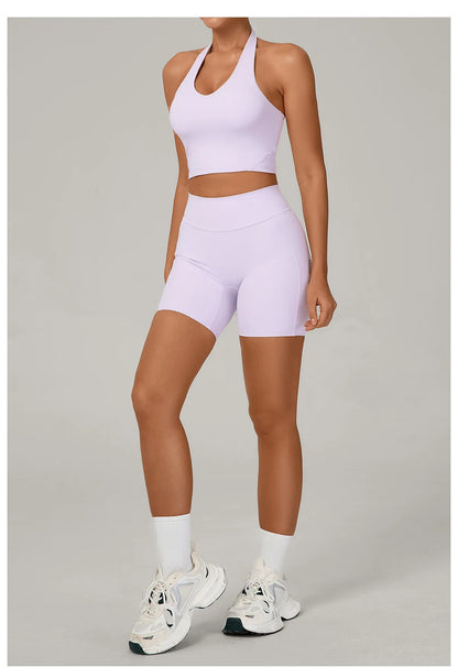 Ctenkevet - Conjunto de 2 piezas de sujetador halter sin espalda para mujer, ropa deportiva de secado rápido para gimnasio, conjunto deportivo femenino de dos piezas con pantalones cortos