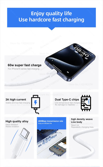 Cable USB C de carga rápida oficial PD de 60 W para iPhone 16, 15, 14, 13, 17 Pro Max, cable de datos tipo C tejido, accesorios de cargador, 1-10 unidades