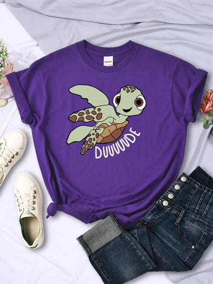 Camisetas sencillas para mujer, con estampado de letras de tortuga de dibujos animados, camisetas cómodas y suaves con cuello redondo, ropa informal de verano para mujer