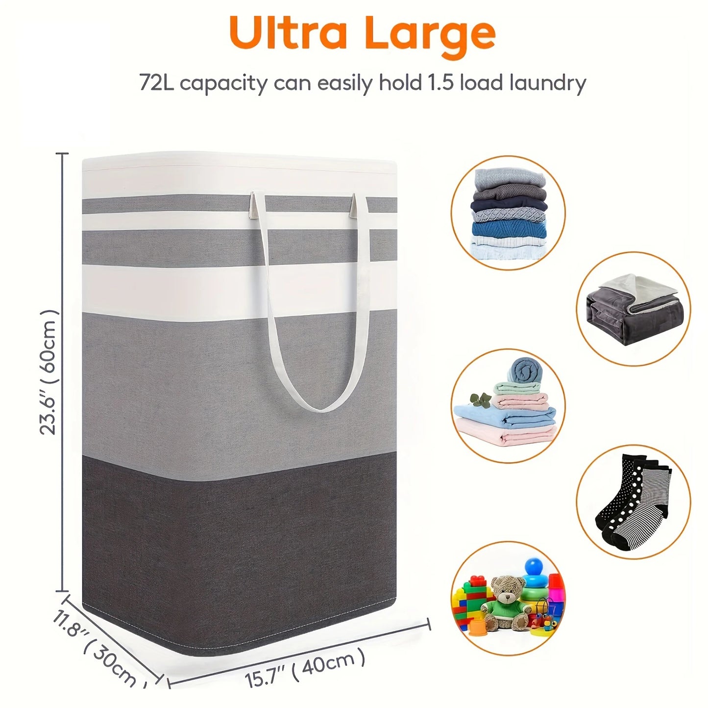 Cestas grandes para ropa sucia de 75 l con asas, cestas duraderas para ropa sucia, cestas de almacenamiento para el hogar, dormitorios, hoteles, lavandería, 40 x 30 x 60 cm