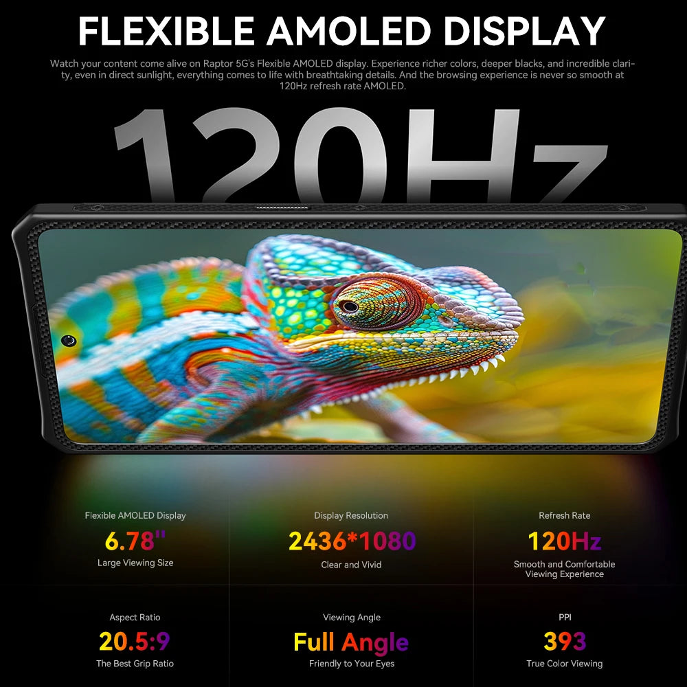 Smartphone resistente IIIF150 Raptor 5G con Android 14, pantalla AMOLED de 6,78" y 120 Hz, 16 GB de RAM + 512 GB de almacenamiento, cámara de 50 MP, batería de 10000 mAh y 65 W.