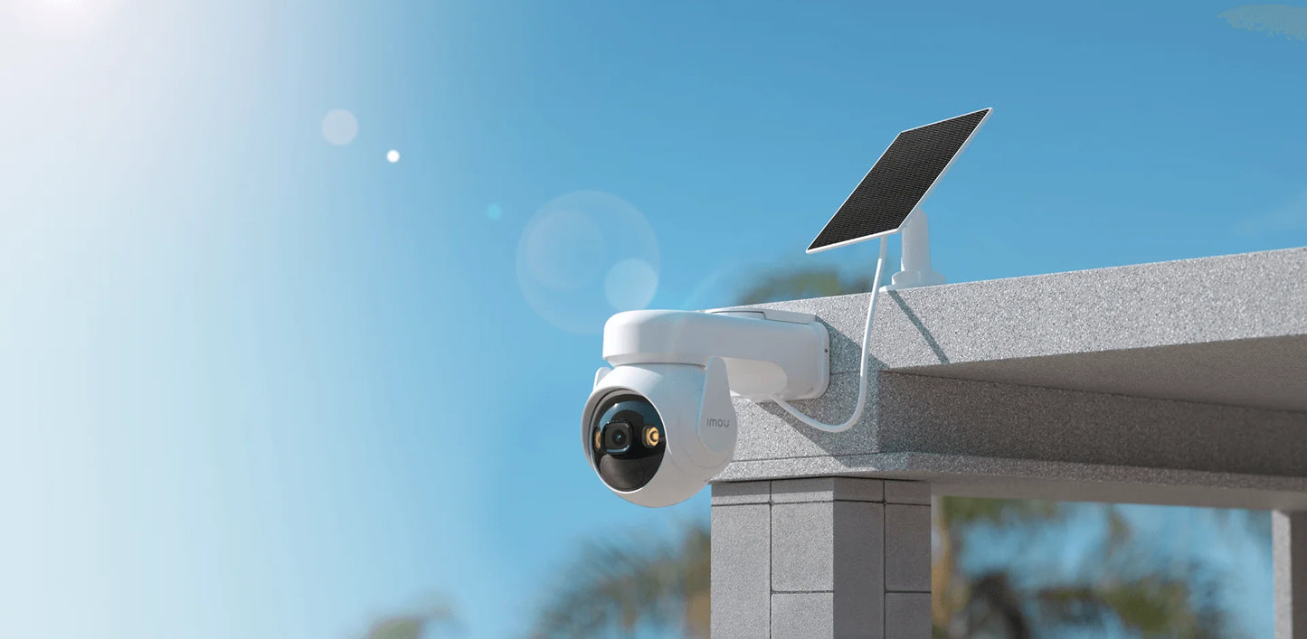 Cámara de seguridad IMOU Cell PT Lite de 3 MP con batería, paneles solares, visión nocturna a color, protección Wi-Fi y protección para exteriores.