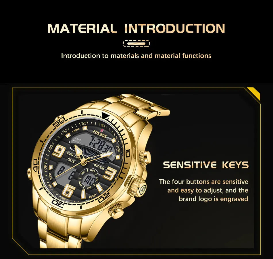 Relojes digitales Foxbox para hombre, reloj de pulsera deportivo de cuarzo de lujo superior, reloj de pulsera de acero militar resistente al agua, reloj de pulsera de cuarzo, reloj para hombre