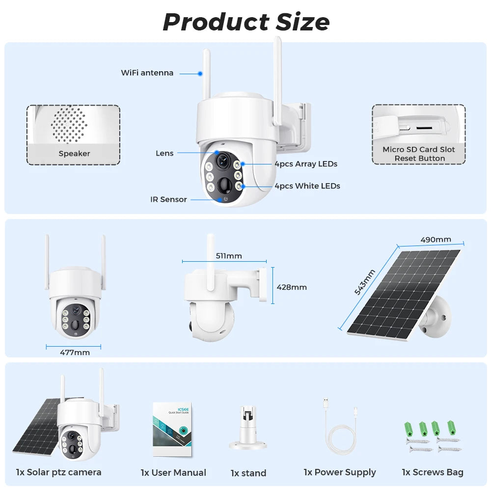Cámara de vigilancia WiFi exterior inalámbrica HD de 5 MP con panel solar, batería integrada de 7800 mAh y 365 días de autonomía en espera.