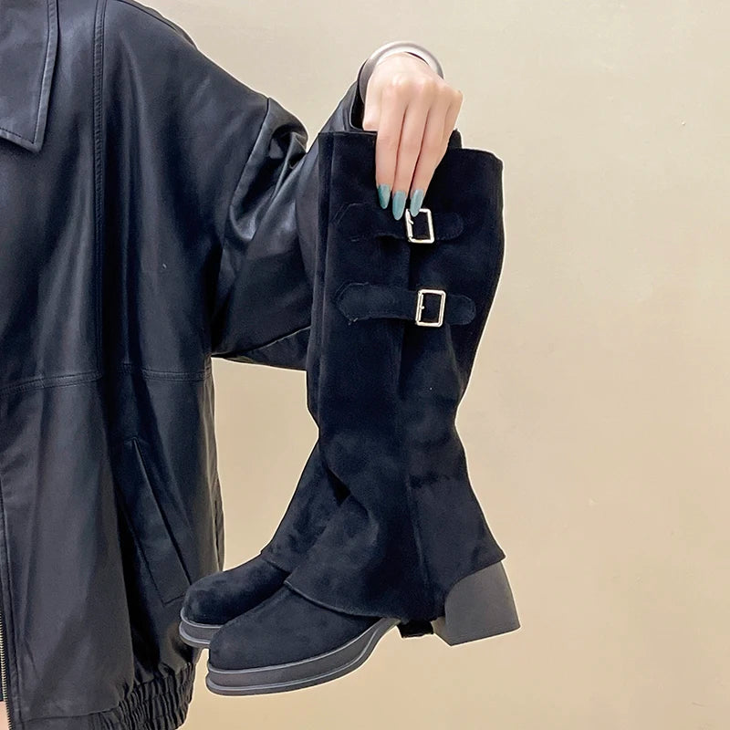 Botas vintage para mujer, con hebilla de cinturón extraíble, para otoño e invierno, con tacón grueso, elegantes y largas.