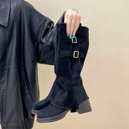 Botas vintage para mujer, con hebilla de cinturón extraíble, para otoño e invierno, con tacón grueso, elegantes y largas.