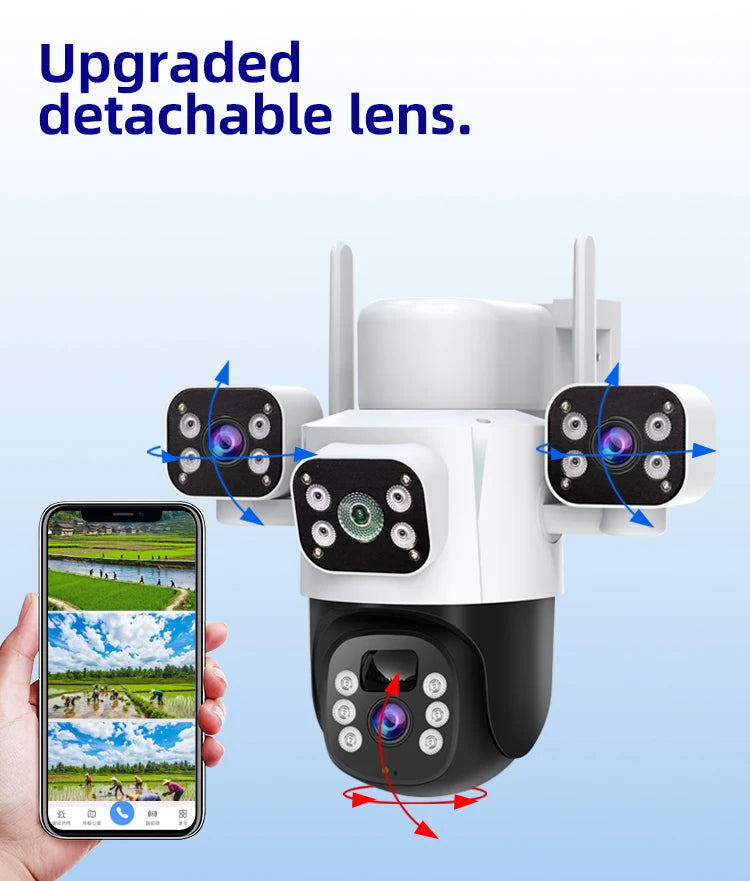Cámara IP WiFi solar de 12 MP, CCTV con tres lentes y tres pantallas, seguimiento automático, vigilancia exterior 6K 4G, cámara PTZ, protección de seguridad