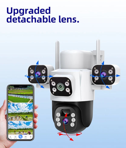 Cámara IP WiFi solar de 12 MP, CCTV con tres lentes y tres pantallas, seguimiento automático, vigilancia exterior 6K 4G, cámara PTZ, protección de seguridad