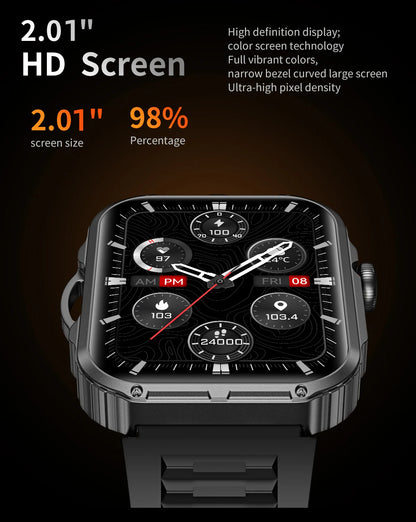 Reloj inteligente de 2,01 pulgadas para hombre y mujer, con linterna LED, control del ritmo cardíaco, para deportes al aire libre y fitness, resistente al agua