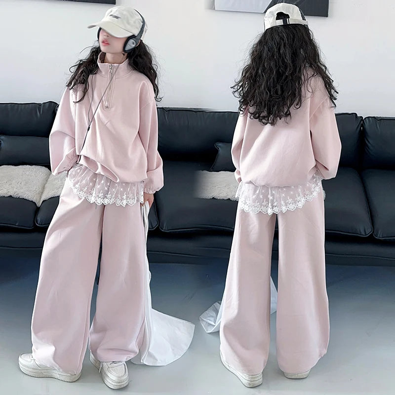 Conjunto de ropa infantil de primavera y otoño para niñas, sudadera de manga larga y pantalones de dos piezas, ropa deportiva informal de encaje para niños