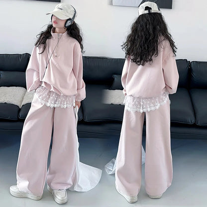 Conjunto de ropa infantil de primavera y otoño para niñas, sudadera de manga larga y pantalones de dos piezas, ropa deportiva informal de encaje para niños