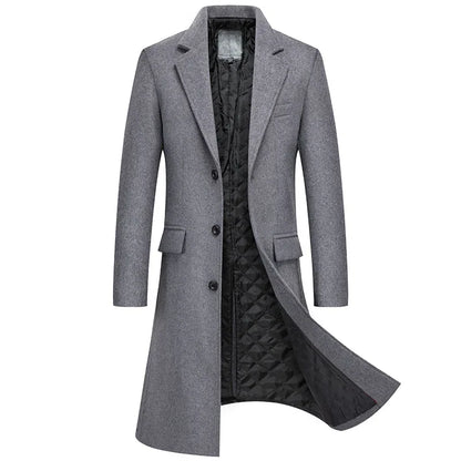 Black Men Wool Long Trench Coat Stylish Single Breasted Quilted Lined Wool Blend Pea Coats Men Winter Cashmere Coat Windbreaker