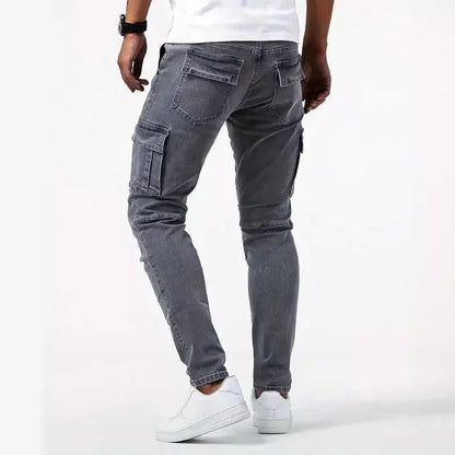 Pantalones vaqueros casuales de hombre, estilo lápiz, elásticos, con múltiples bolsillos, corte ajustado, estilo urbano, lavado liso, cintura media, estilo cargo.