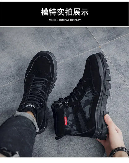 Botas altas para hombre, suela plana, ligeras, para senderismo, exteriores, negras, para correr, tenis, caminar, motocicleta