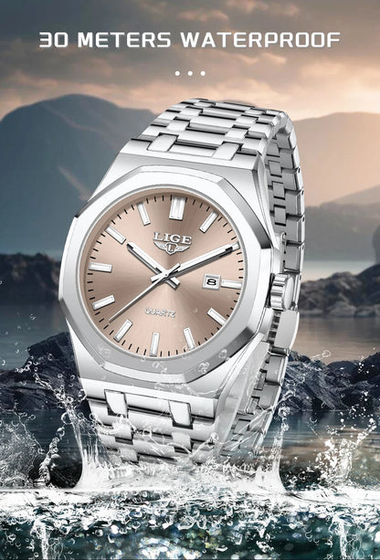 Reloj para hombre LIGE, resistente al agua, de acero inoxidable, luminoso, de negocios, de cuarzo, de moda, con calendario