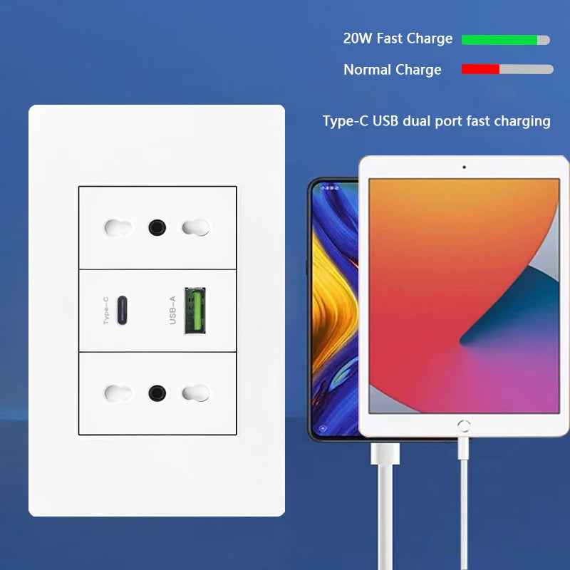 Enchufe de pared USB inteligente tipo C de 20 W con carga rápida para Italia, Chile y México; panel de interruptor de luz eléctrico de Brasil con toma USB-C universal.