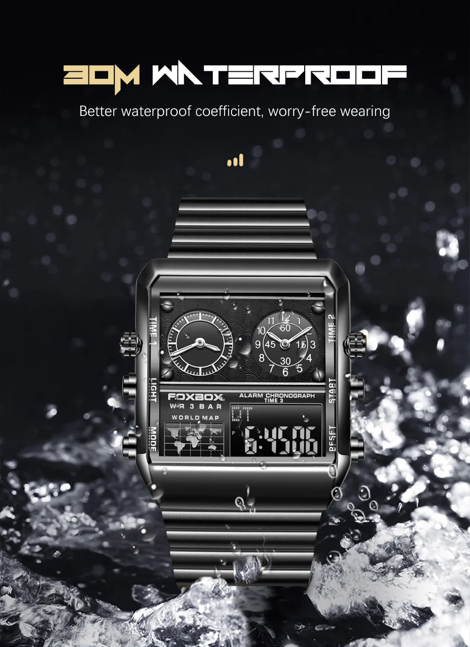 LIGE - Nuevo reloj para hombre, cuadrado, luminoso, deportivo, correa de acero inoxidable, doble pantalla, reloj de pulsera de cuarzo, reloj militar resistente al agua