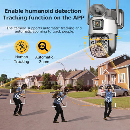 Cámara de seguridad exterior solar 4K con SIM 4G, 2 lentes/pantalla, zoom óptico 60x, seguimiento automático, PTZ 360°, videovigilancia doméstica IP.