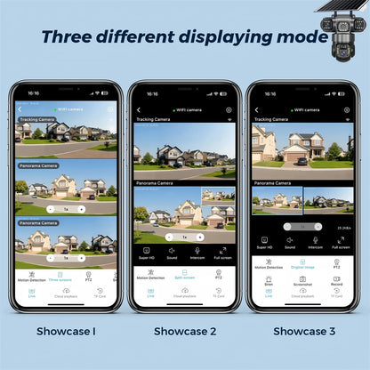 Cámara IP WiFi de 15 MP y 8K con tres lentes, resistente al agua y con carga solar para exteriores. Incluye visión nocturna, audio bidireccional y detección humana. Cámara de seguridad CCTV.