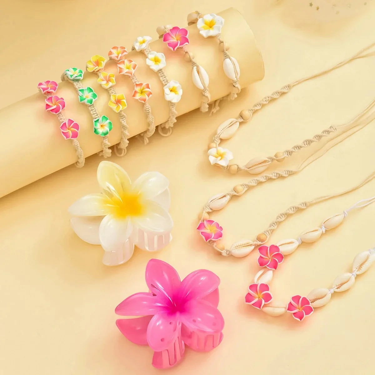 Conjunto de pulsera y collar de conchas multicolores tejidas a mano, joyería de cerámica suave estilo vacaciones en la playa con diseño de flor de huevo bohemia