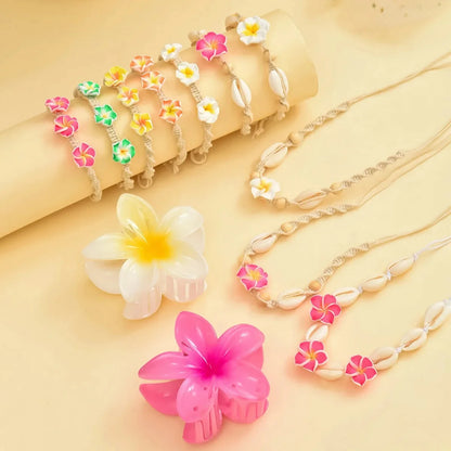 Conjunto de pulsera y collar de conchas multicolores tejidas a mano, joyería de cerámica suave estilo vacaciones en la playa con diseño de flor de huevo bohemia