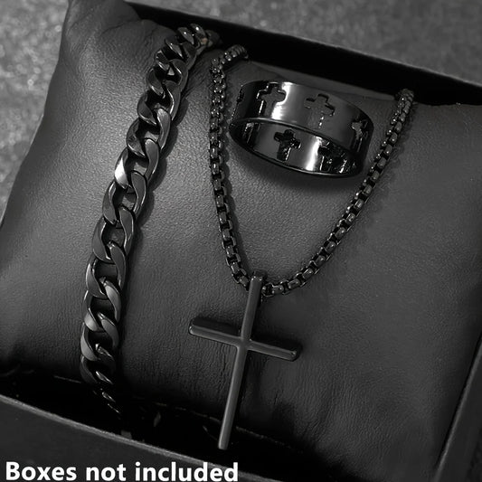 Conjunto de 3 piezas de joyería de aleación de moda para hombre: collar, pulsera y anillo con colgante de cruz.