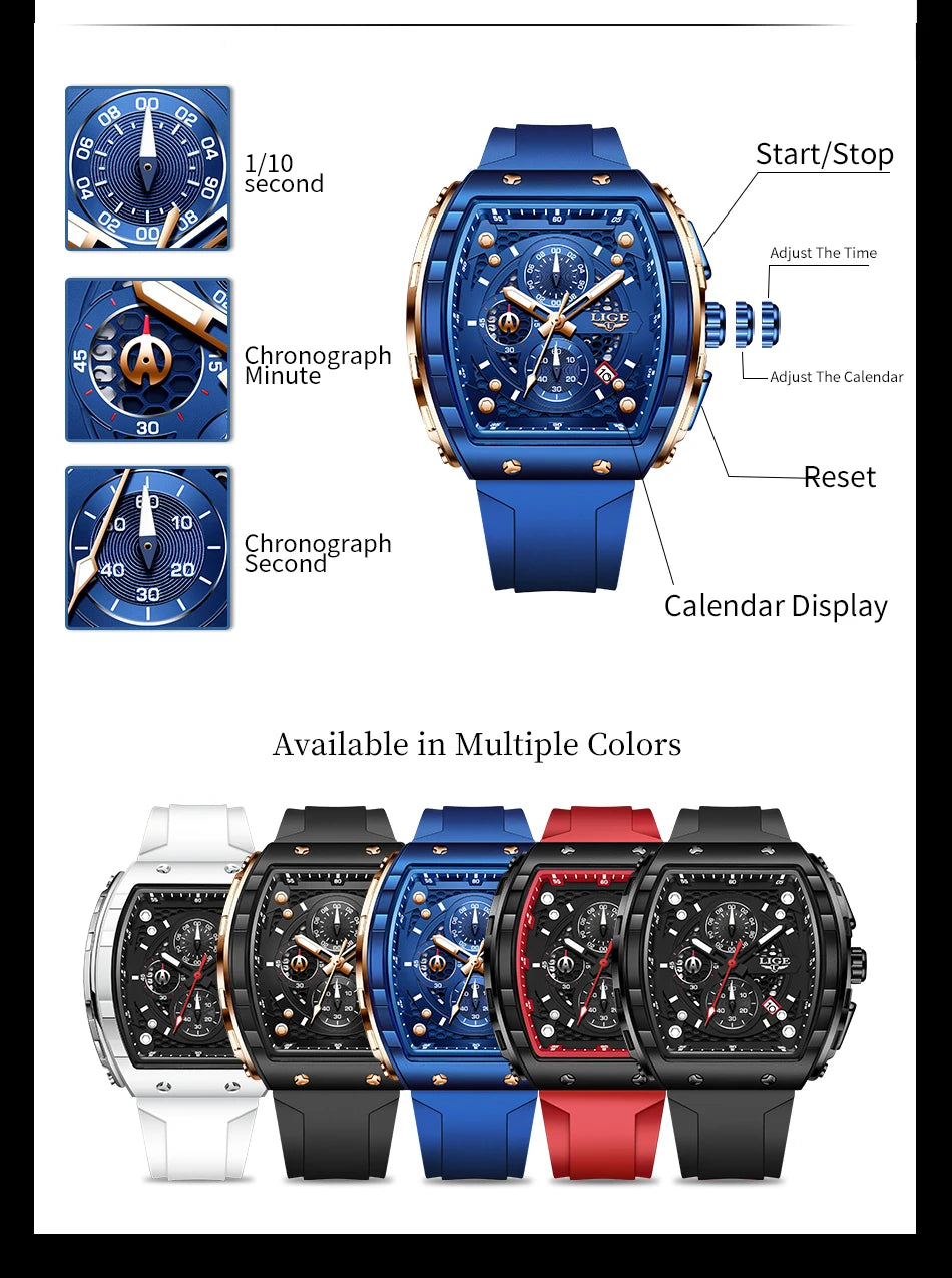 Relojes LIGE de primera marca para hombre, reloj de pulsera de cuarzo cuadrado de lujo, reloj cronógrafo luminoso resistente al agua para hombre, reloj con fecha