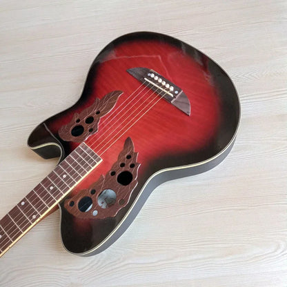 Guitarra acústica de fondo redondo con pequeños defectos, tapa flameada de alto brillo, 6 cuerdas, 38"