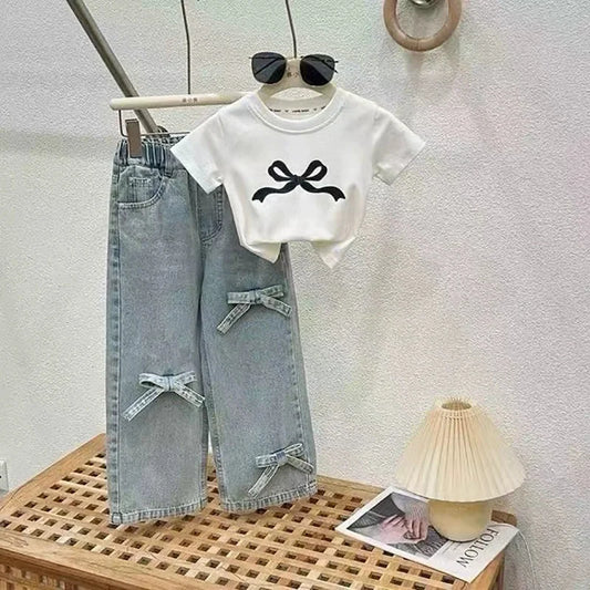 Conjuntos de ropa para niñas, traje con lazo, camiseta de manga corta y vaqueros, 2 piezas, atuendo de verano de 3 a 10 años