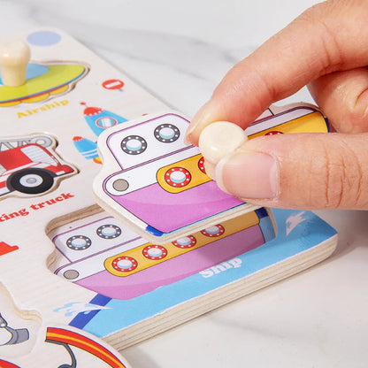 Rompecabezas de madera Montessori, juguetes para niños, dibujos animados de animales, tráfico, tableros de agarre, juguetes educativos de aprendizaje temprano para niños.