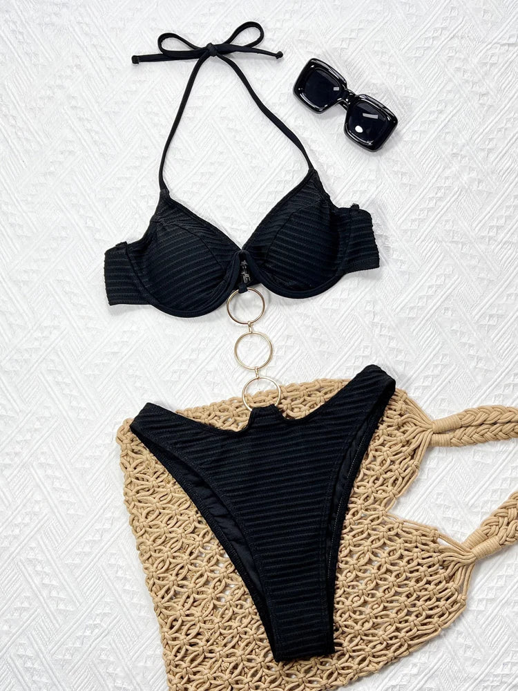 Vigoashely 2025 Women Sexy Black Hollow Swimwear Tied Halter Push UP One Piece Swimsuit Monokini Lady Push UP Beach Bathing Suit