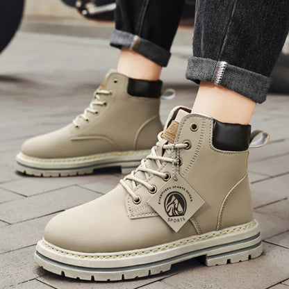 Botas altas de cuero para hombre, botines de moda para exteriores, con cordones, cómodas, planas y antideslizantes