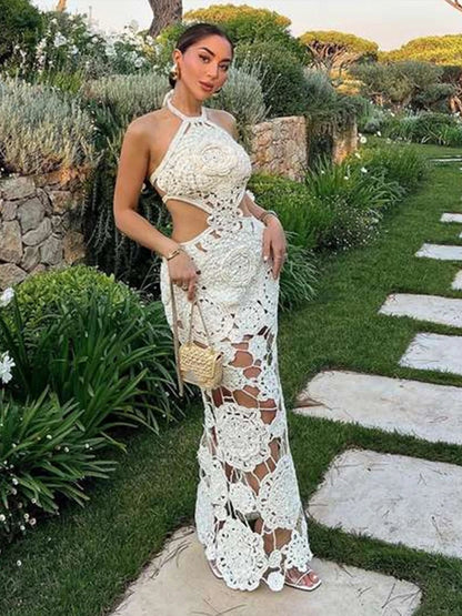 Vestido largo de punto con cuello halter y estampado floral, sexy, sin mangas y con espalda descubierta, estilo maxi, colección 2024. Ideal para la playa y las vacaciones.