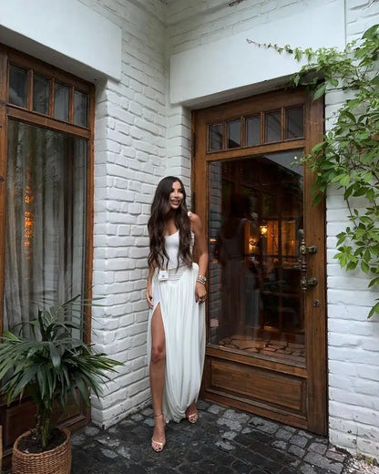 Vestido largo sexy con abertura alta JULISSA MO para mujer, negro, sin mangas, de talle alto, ideal para otoño, elegante y ajustado, perfecto para fiestas y discotecas (2024)