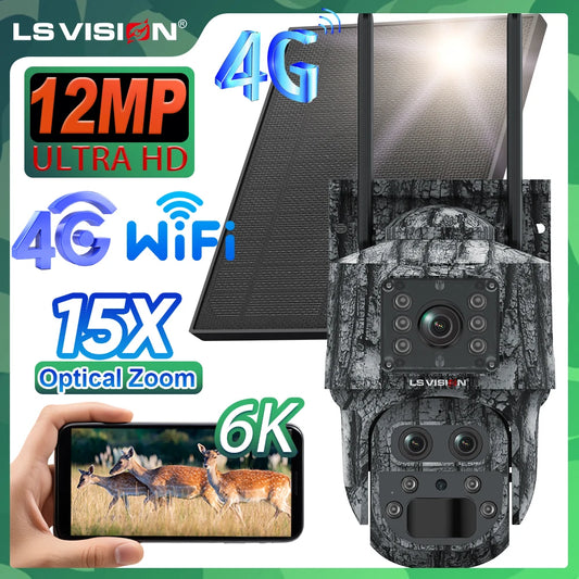 Cámara de seguridad solar inalámbrica LS VISION de 12 MP, 4G, zoom 15x, para exteriores, con doble pantalla, WiFi, detección humana PIR y sistema CCTV UBox.