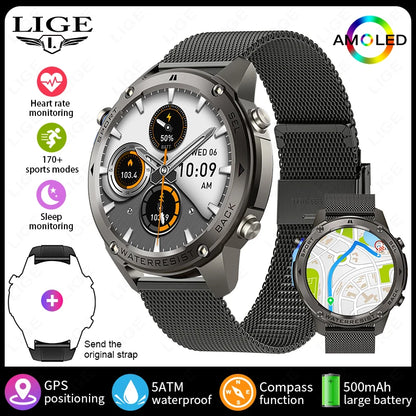 Nuevo reloj inteligente para exteriores para hombre, batería de larga duración de 500 mAh, pantalla AMOLED, resistente al agua hasta 5 ATM, monitor de ritmo cardíaco, GPS, reloj inteligente militar.