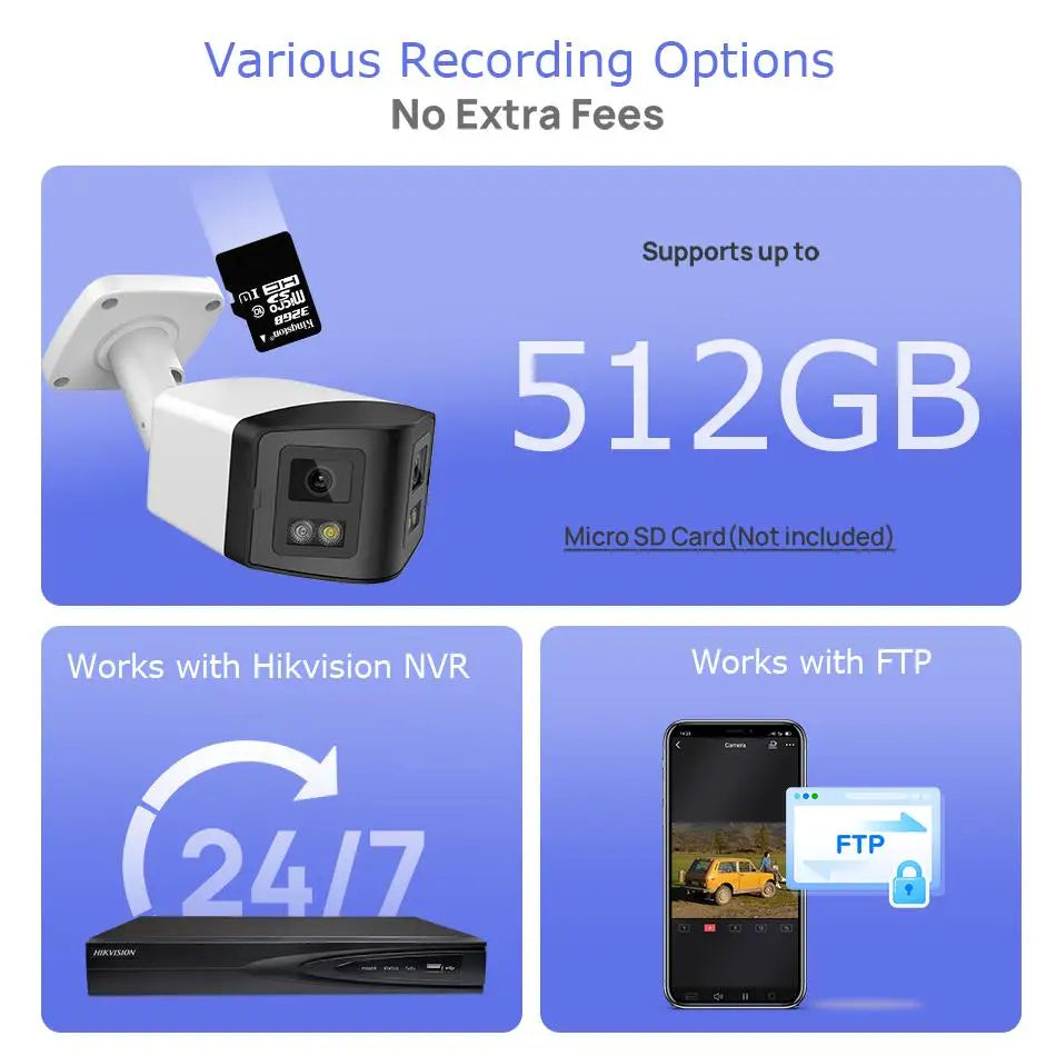 Cámara panorámica de doble luz de 4 MP y 8 MP con PoE, micrófono y altavoz integrados, detección humana, visión nocturna a color y sistema de vigilancia compatible con Hikvision.