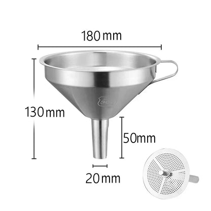 Embudo de acero inoxidable 304 de boca ancha con filtro de malla para aceite de cocina, especias líquidas y utensilios de cocina.