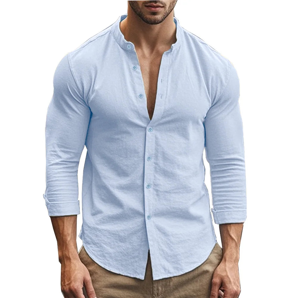 Camisas Henry para hombre, de algodón y lino, corte ajustado, informales, hawaianas, de color liso, estilo básico, para primavera y verano, transpirables.