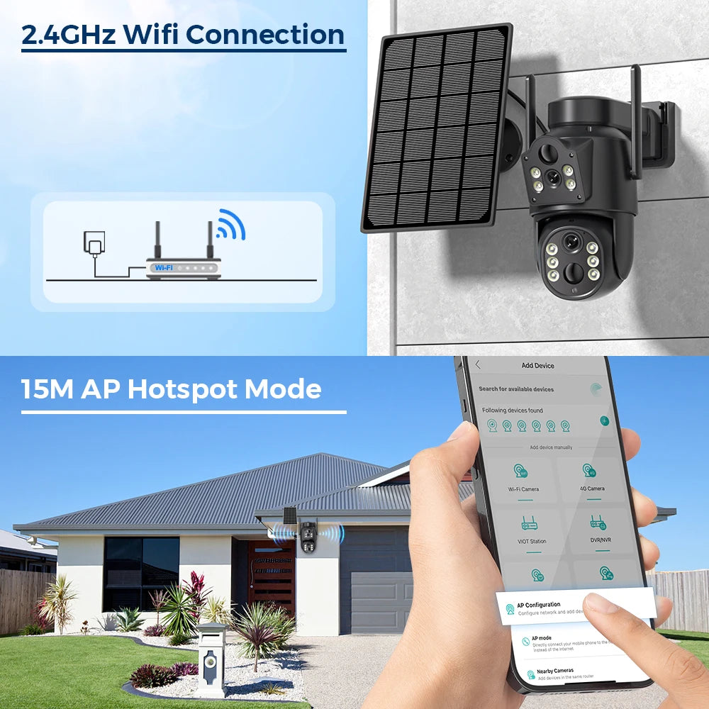 Cámara solar WiFi 4K HD para exteriores con batería integrada y doble lente. Cámara de seguridad 2K con panel solar y sistema de videovigilancia inalámbrico CCTV iCSee.