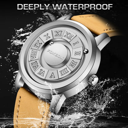 Relojes FOXBOX para hombre, marca de lujo, de cuero, resistente al agua, reloj de pulsera de cuarzo con puntero de desplazamiento y fuerza magnética.