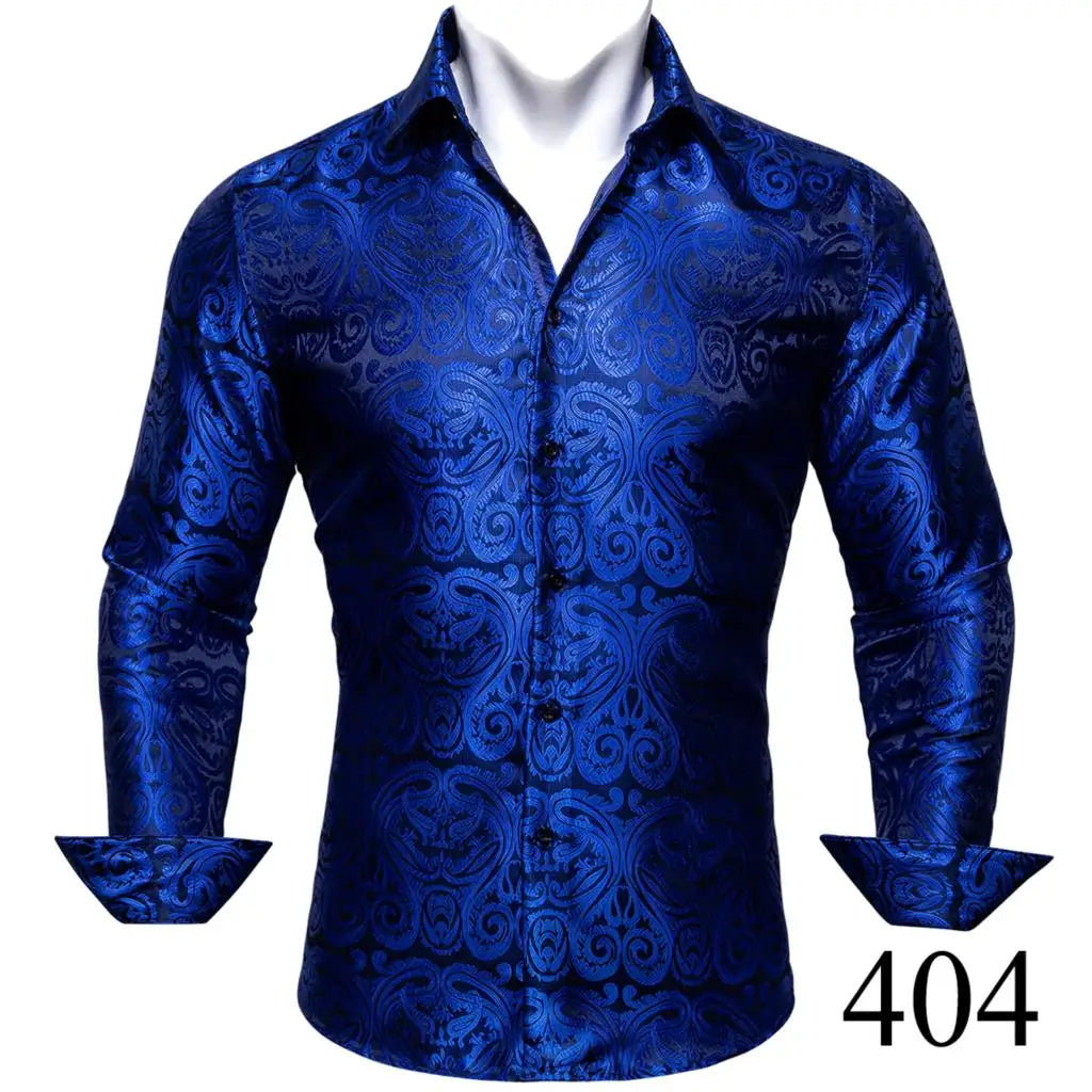 Camisas clásicas negras estampadas y bordadas para hombre, solapa de seda, manga larga, corte formal exquisito, ideales para eventos de negocios y fiestas. Barry.Wang CY-0407
