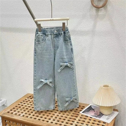 Conjuntos de ropa para niñas, traje con lazo, camiseta de manga corta y vaqueros, 2 piezas, atuendo de verano de 3 a 10 años