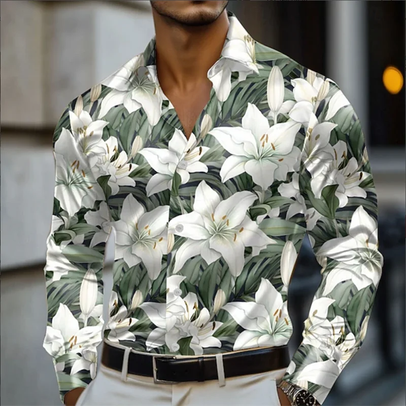 Camisa de hombre con estampado floral 3D, estilo casual, manga larga, botones, ideal para vacaciones, verano, primavera y otoño.