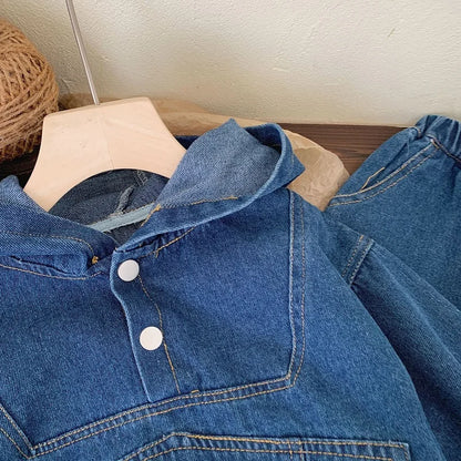 Ropa para niños Primavera y Otoño, sudadera con capucha de mezclilla para niño, conjunto de pantalón y top de manga larga de color liso Baoyang para mujer